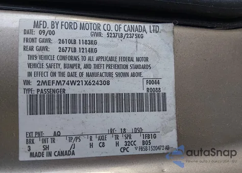 2001 Mercury Grand Marquis Gs z USA, uszkodzony, nr VIN 2MEFM74W21X624308